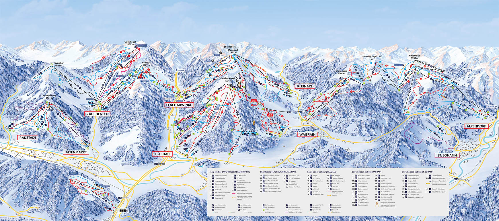 Ski mapa Flachau-Wagrain-Alpendorf-Flachuwinkl-Kleinarl-Zauchensee